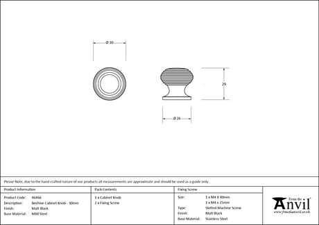 From The Anvil - Matt Black Beehive Cabinet Knob 30mm | Sku. 46466 | Trade Door Handles.