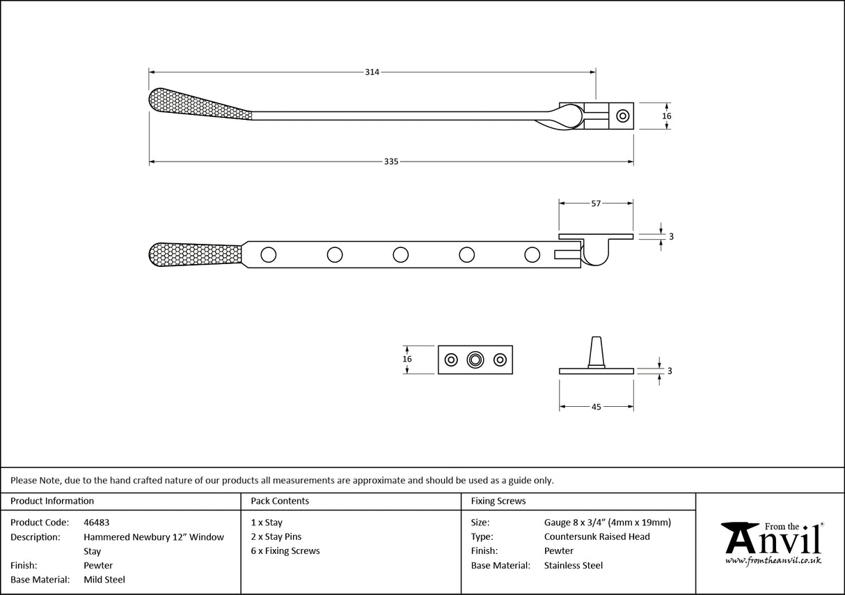 From The Anvil - Pewter 12" Hammered Newbury Stay | Sku. 46483 | Trade Door Handles.