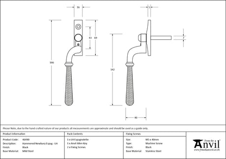 From The Anvil - Black Hammered Newbury Espag - LH | Sku. 46490 | Trade Door Handles.