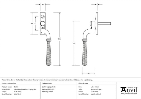From The Anvil - Matt Black Hammered Newbury Espag - RH | Sku. 46493 | Trade Door Handles.