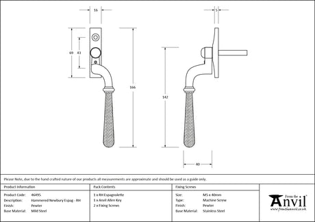 From The Anvil - Pewter Hammered Newbury Espag - RH | Sku. 46495 | Trade Door Handles.