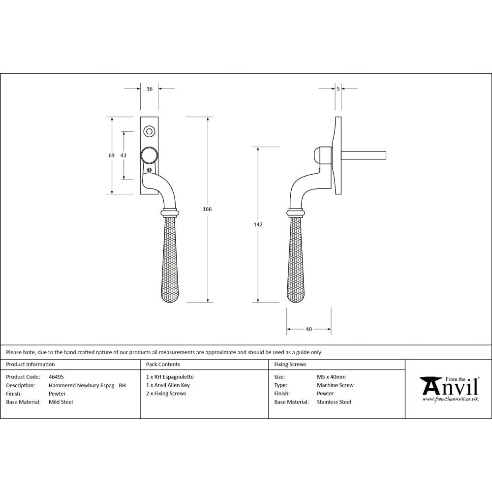 From The Anvil - Pewter Hammered Newbury Espag - RH | Sku. 46495 | Trade Door Handles.