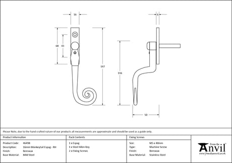 From The Anvil - Beeswax 16mm Monkeytail Espag - RH | Sku. 46498 | Trade Door Handles.