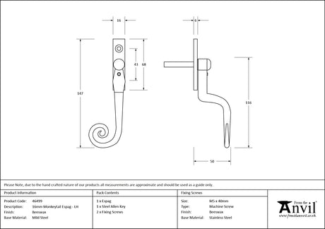 From The Anvil - Beeswax 16mm Monkeytail Espag - LH | Sku. 46499 | Trade Door Handles.
