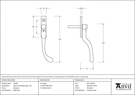 From The Anvil - Beeswax 16mm Peardrop Espag - RH | Sku. 46500 | Trade Door Handles.