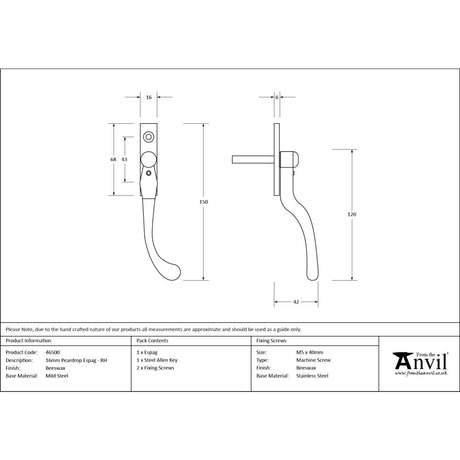 From The Anvil - Beeswax 16mm Peardrop Espag - RH | Sku. 46500 | Trade Door Handles.