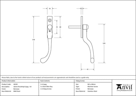 From The Anvil - Beeswax 16mm Peardrop Espag - LH | Sku. 46501 | Trade Door Handles.