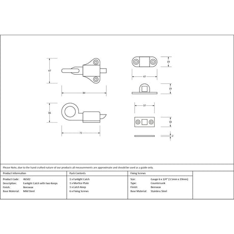 From The Anvil - Beeswax Fanlight Catch with two Keeps | Sku. 46502 | Trade Door Handles.