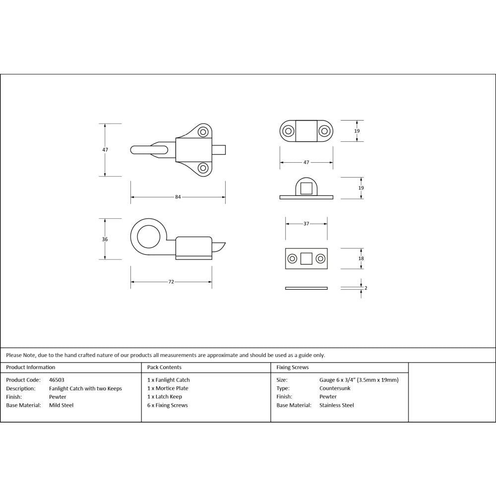 From The Anvil - Pewter Fanlight Catch with two Keeps | Sku. 46503 | Trade Door Handles.