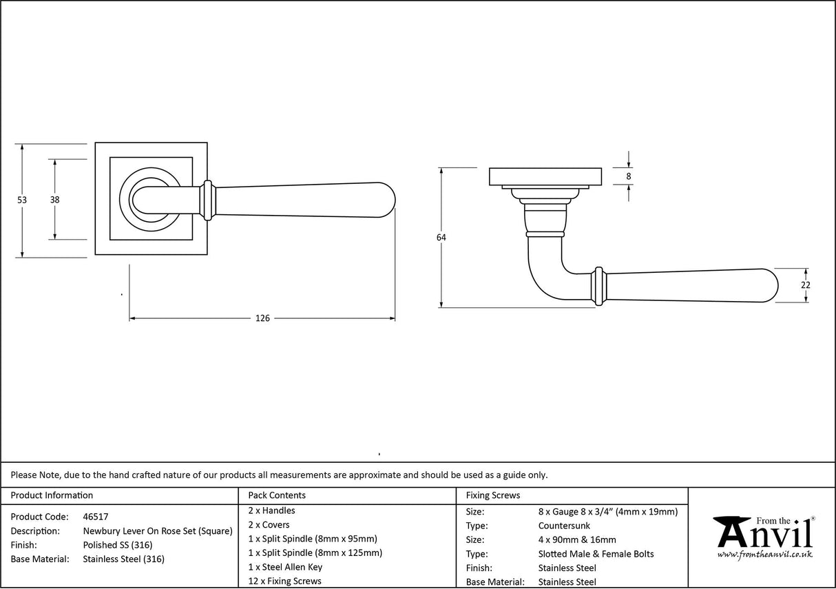 From The Anvil - Polished Marine SS (316) Newbury Lever on Rose Set (Square) | Sku. 46517 | Trade Door Handles.