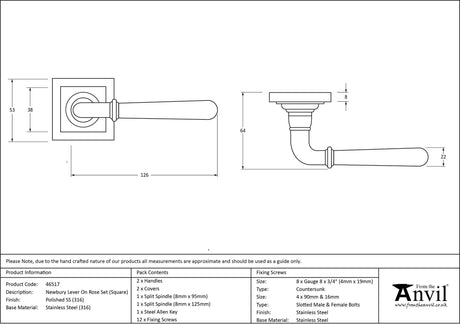 From The Anvil - Polished Marine SS (316) Newbury Lever on Rose Set (Square) | Sku. 46517 | Trade Door Handles.