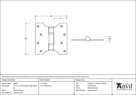 From The Anvil - Polished Bronze 4" x 2" x 4" Parliament Hinge (pair) ss | Sku. 46522 | Trade Door Handles.