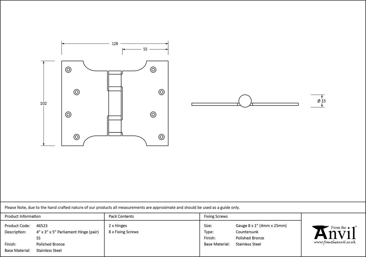 From The Anvil - Polished Bronze 4" x 3" x 5" Parliament Hinge (pair) ss | Sku. 46523 | Trade Door Handles.