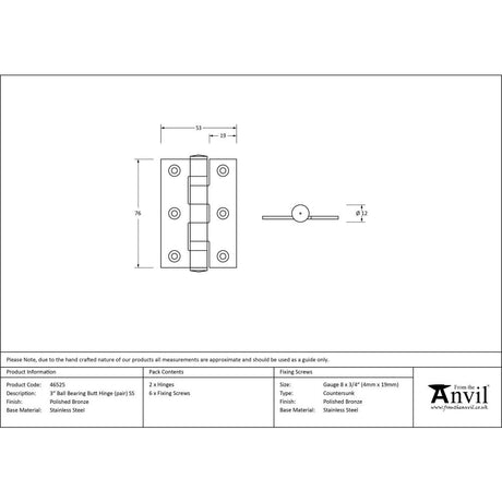 From The Anvil - Polished Bronze 3" Ball Bearing Butt Hinge (pair) ss | Sku. 46525 | Trade Door Handles.