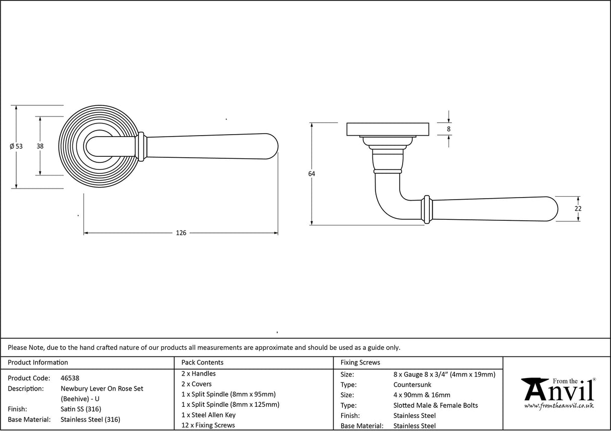From The Anvil - Satin Marine SS (316) Newbury Lever on Rose Set (Beehive) - Unsprung | Sku. 46538 | Trade Door Handles.