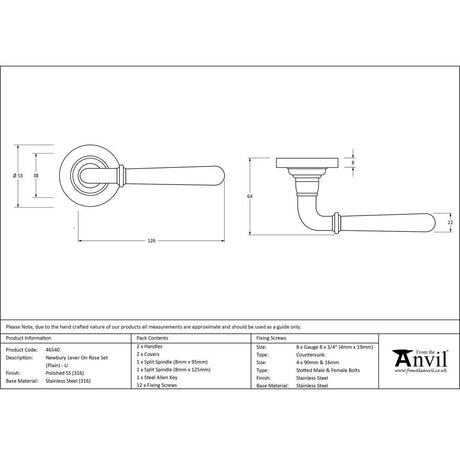 From The Anvil - Polished Marine SS (316) Newbury Lever on Rose Set (Plain) - Unsprung | Sku. 46540 | Trade Door Handles.