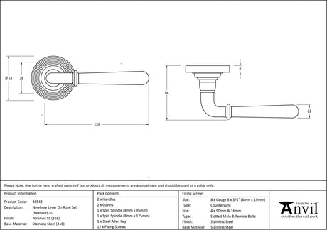 From The Anvil - Polished Marine SS (316) Newbury Lever on Rose Set (Beehive) - Unsprung | Sku. 46542 | Trade Door Handles.