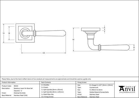 From The Anvil - Polished Marine SS (316) Newbury Lever on Rose Set (Square) - Unsprung | Sku. 46543 | Trade Door Handles.