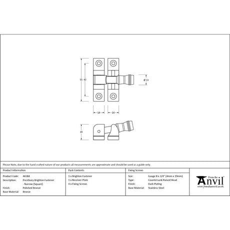 From The Anvil - Polished Bronze Prestbury Brighton Fastener - Narrow (Square) | Sku. 46584 | Trade Door Handles.