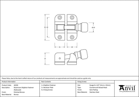 From The Anvil - Polished Bronze Mushroom Brighton Fastener (Radiused) | Sku. 46590 | Trade Door Handles.