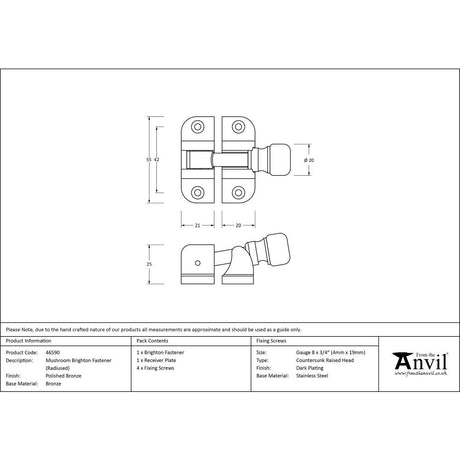 From The Anvil - Polished Bronze Mushroom Brighton Fastener (Radiused) | Sku. 46590 | Trade Door Handles.