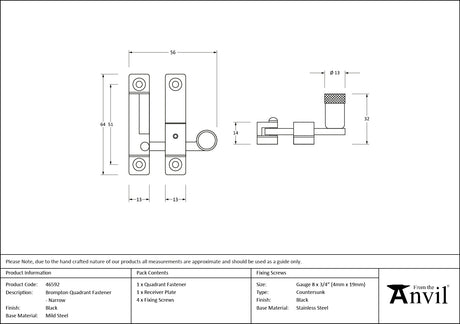 From The Anvil - Black Brompton Quadrant Fastener - Narrow | Sku. 46592 | Trade Door Handles.