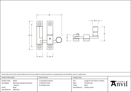 From The Anvil - Black Mushroom Quadrant Fastener - Narrow | Sku. 46595 | Trade Door Handles.