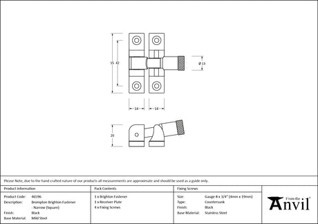 From The Anvil - Black Brompton Brighton Fastener - Narrow (Square) | Sku. 46596 | Trade Door Handles.