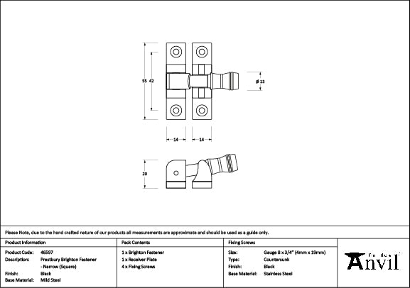 From The Anvil - Black Prestbury Brighton Fastener - Narrow (Square)