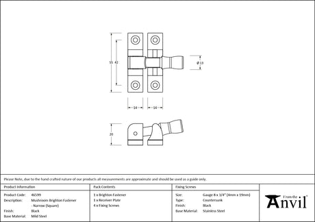From The Anvil - Black Mushroom Brighton Fastener - Narrow (Square) | Sku. 46599 | Trade Door Handles.