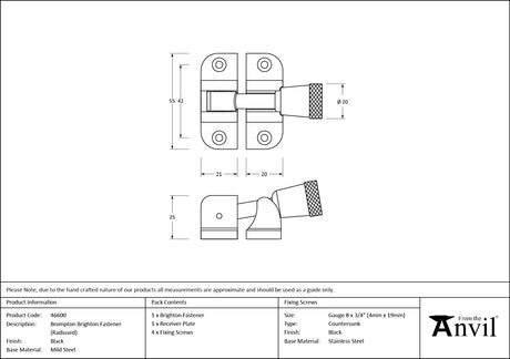 From The Anvil - Black Brompton Brighton Fastener (Radiused) | Sku. 46600 | Trade Door Handles.