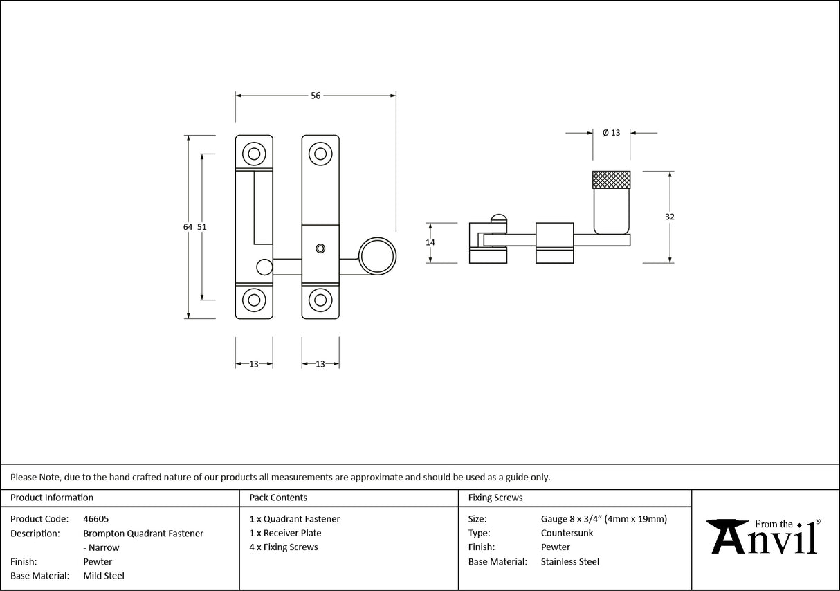 From The Anvil - Pewter Brompton Quadrant Fastener - Narrow | Sku. 46605 | Trade Door Handles.