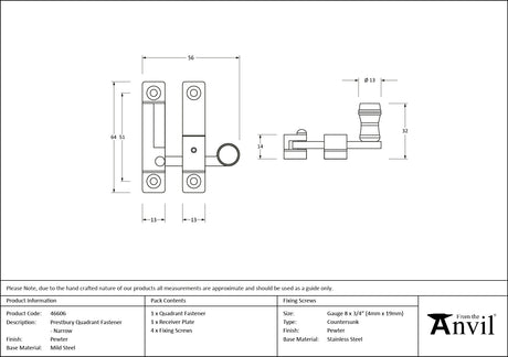 From The Anvil - Pewter Prestbury Quadrant Fastener - Narrow | Sku. 46606 | Trade Door Handles.