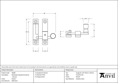 From The Anvil - Pewter Mushroom Quadrant Fastener - Narrow | Sku. 46608 | Trade Door Handles.