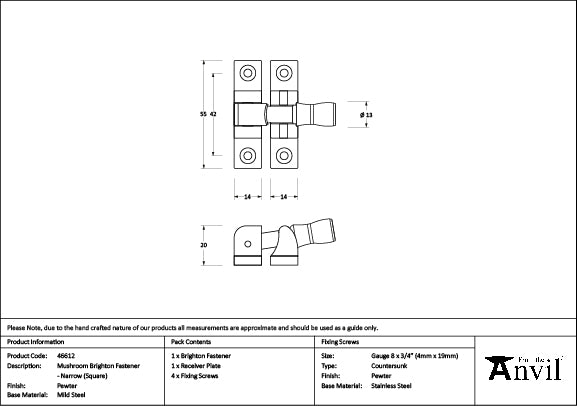 From The Anvil - Pewter Mushroom Brighton Fastener - Narrow (Square)