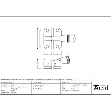 From The Anvil - Pewter Brompton Brighton Fastener (Radiused) | Sku. 46613 | Trade Door Handles.