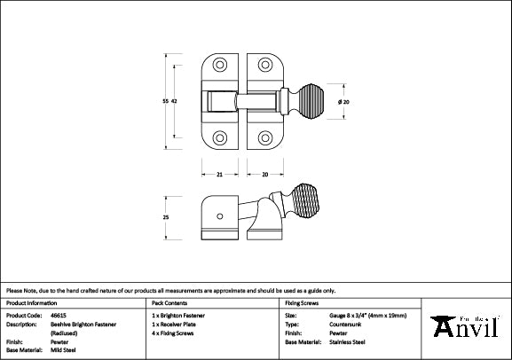 From The Anvil - Pewter Beehive Brighton Fastener (Radiused)