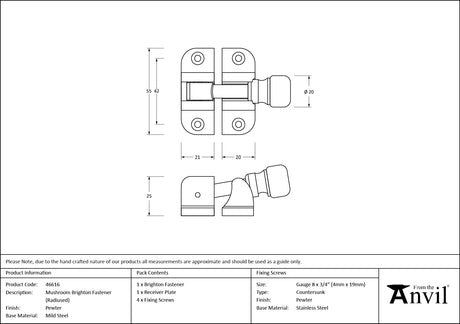 From The Anvil - Pewter Mushroom Brighton Fastener (Radiused) | Sku. 46616 | Trade Door Handles.