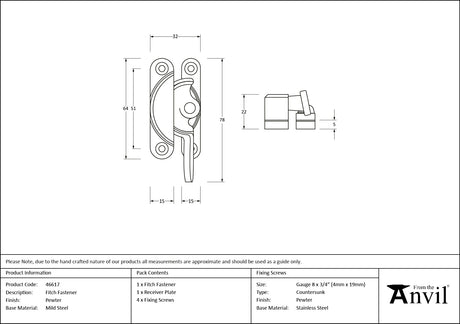 From The Anvil - Pewter Fitch Fastener | Sku. 46617 | Trade Door Handles.