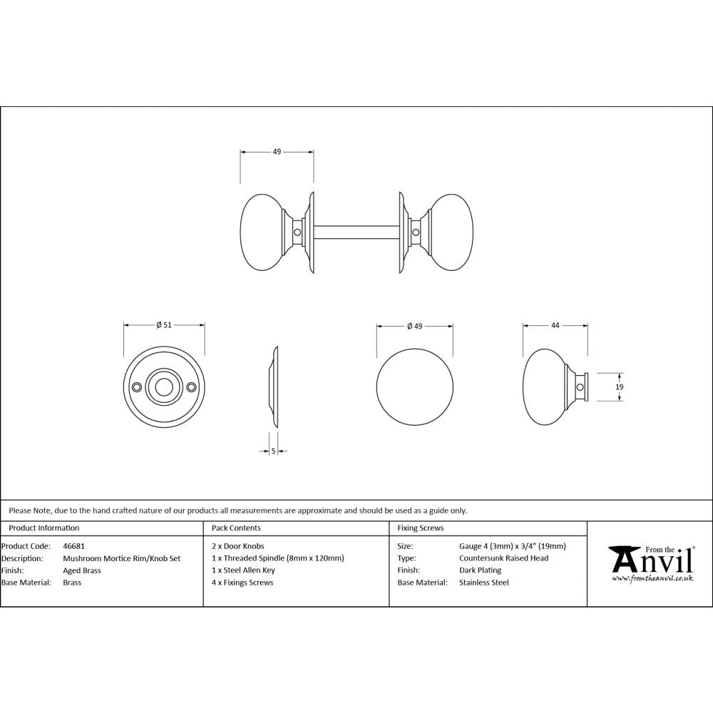 From The Anvil - Aged Brass Mushroom Mortice/Rim Knob Set | Sku. 46681 | Trade Door Handles.