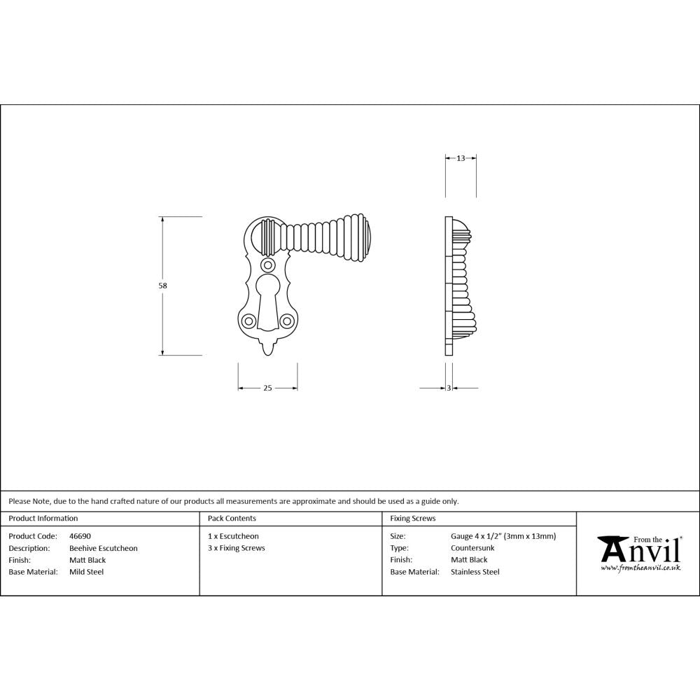 From The Anvil - Matt Black Beehive Escutcheon | Sku. 46690 | Trade Door Handles.