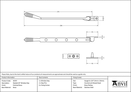 From The Anvil - Polished Brass 10" Reeded Stay | Sku. 46707 | Trade Door Handles.