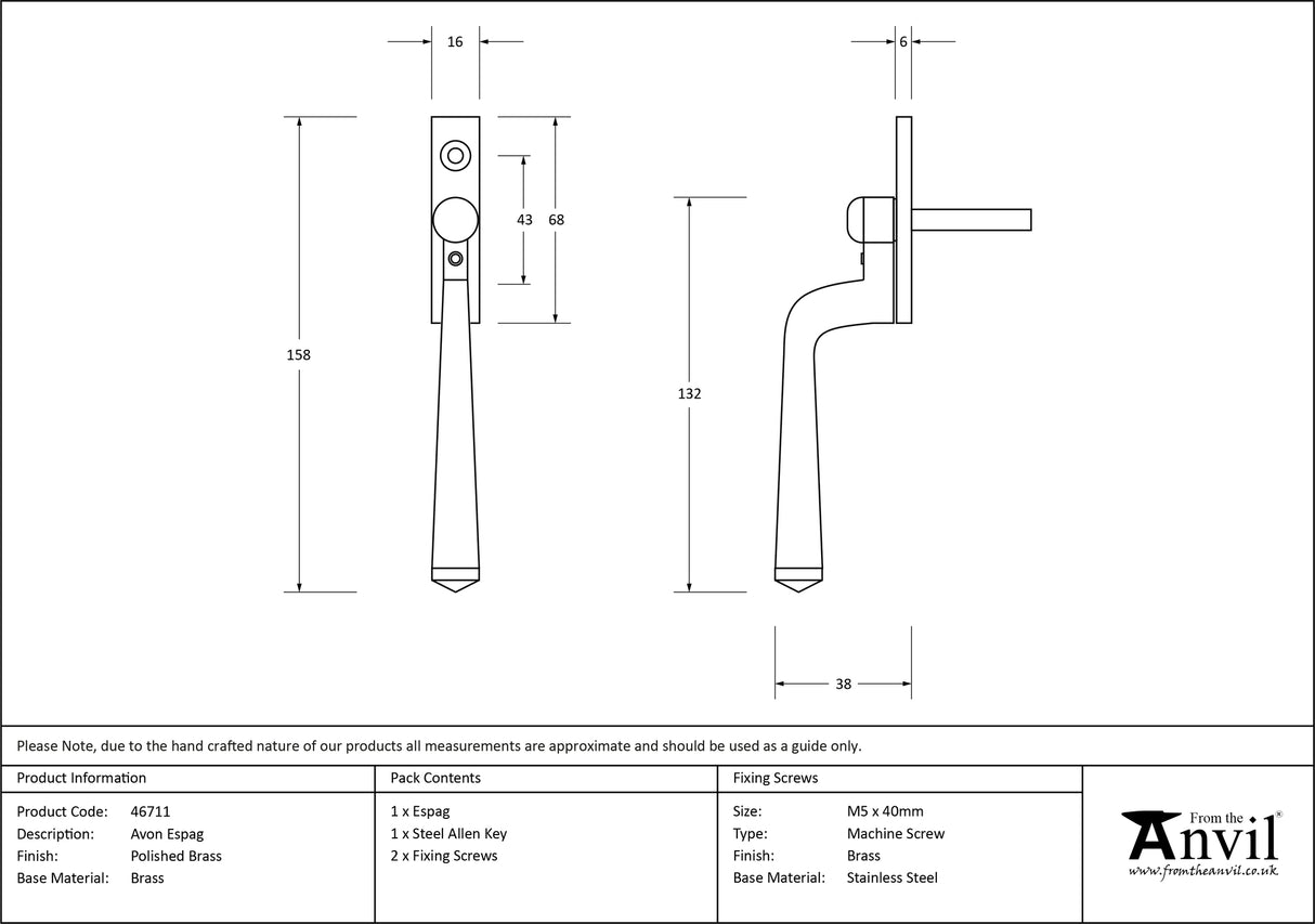 From The Anvil - Polished Brass Avon Espag | Sku. 46711 | Trade Door Handles.