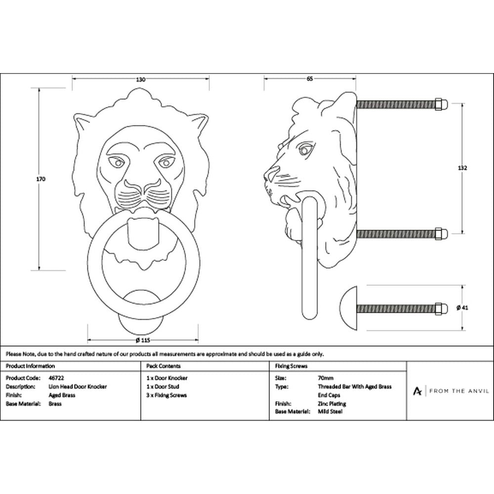 High quality images of the From The Anvil - Aged Brass Lion Head Door Knocker | Sku. Anvil-46722 | available to order from Trade Door Handles, quick delivery at discounted prices.