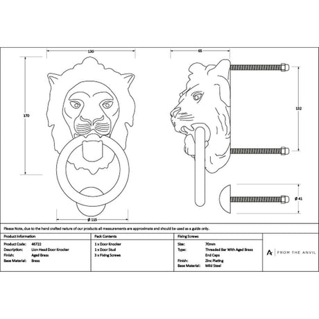 High quality images of the From The Anvil - Aged Brass Lion Head Door Knocker | Sku. Anvil-46722 | available to order from Trade Door Handles, quick delivery at discounted prices.