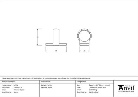 From The Anvil - Polished Bronze Sash Eye Lift | Sku. 46731 | Trade Door Handles.