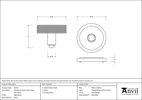 From The Anvil - Aged Brass Brompton Centre Door Knob (Art Deco) | Sku. 46735 | Trade Door Handles.