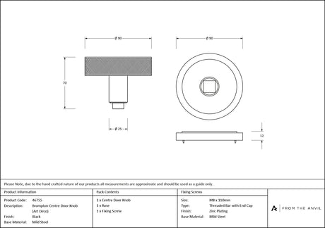 From The Anvil - Black Brompton Centre Door Knob (Art Deco) | Sku. 46755 | Trade Door Handles.