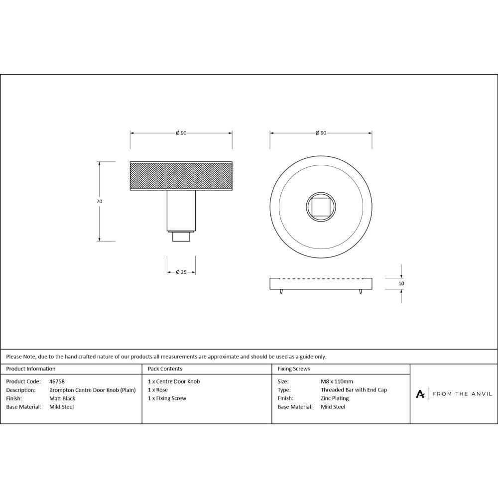 From The Anvil - Matt Black Brompton Centre Door Knob (Plain) | Sku. 46758 | Trade Door Handles.