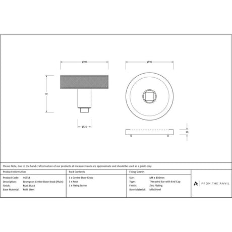 From The Anvil - Matt Black Brompton Centre Door Knob (Plain) | Sku. 46758 | Trade Door Handles.